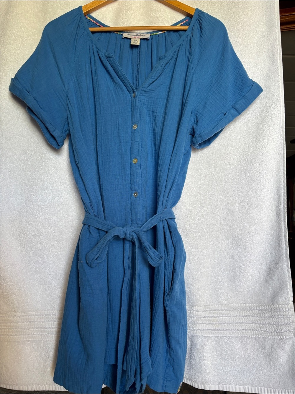Tommy Bahama Island Blue Buttoned Short-Sleeve Tie-Waist Romper with pockets